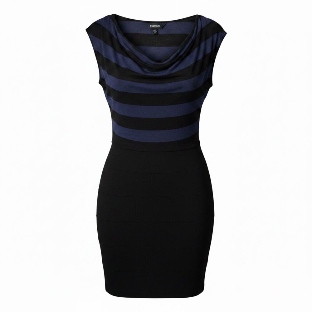 Express Striped Cowl Neck Bodycon Dress Navy Blue Black Ruched Mini Knit Size S